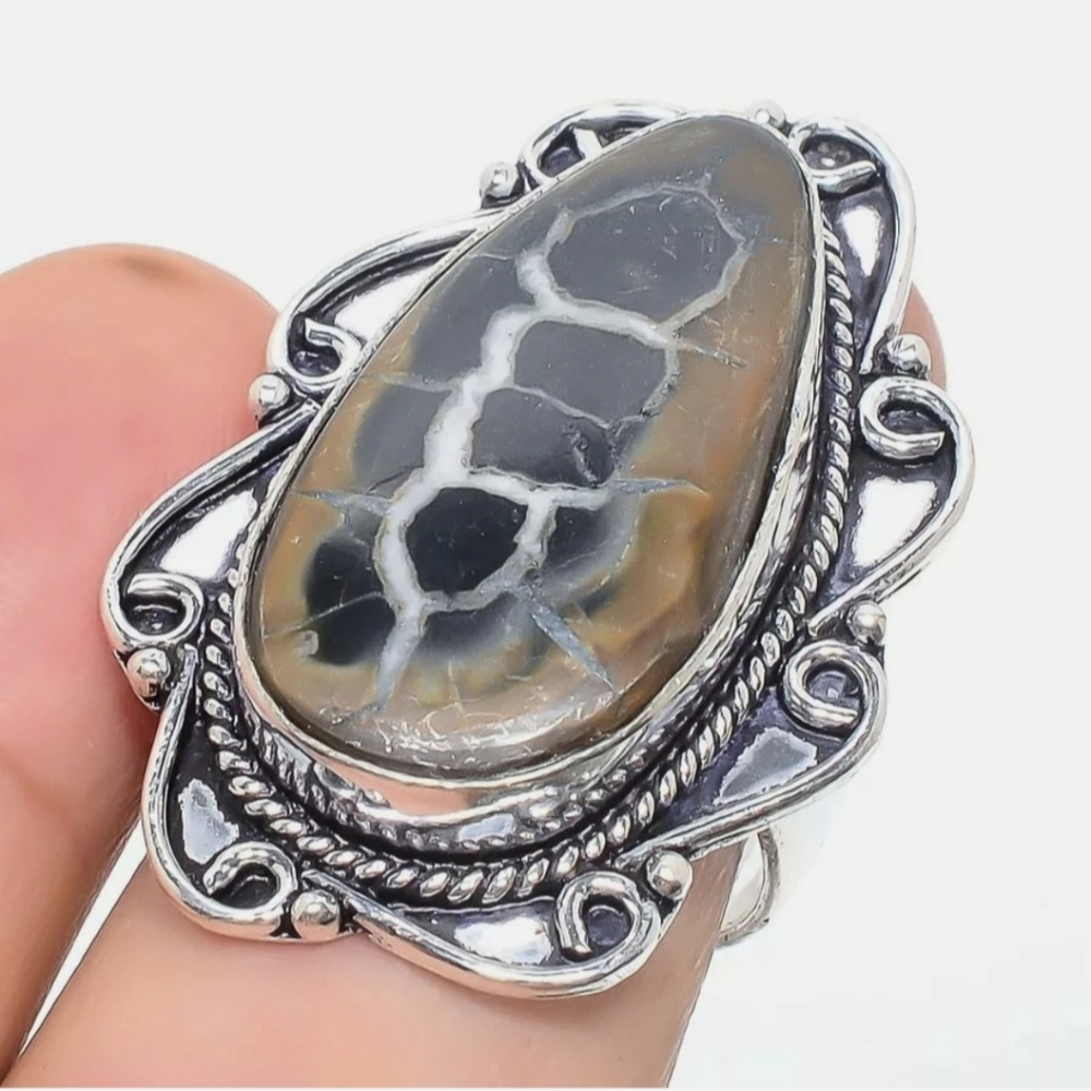 New Mud Crack Jasper Fossil 925 Silver Ring.